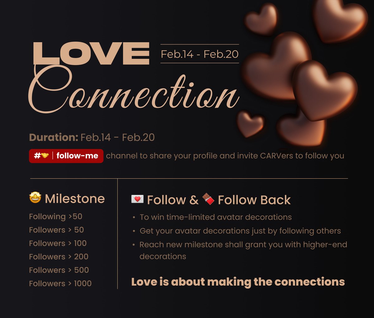 carv_official's tweet photo. Carv #Valentine's Day Special Challenge - ✉️ &amp; 🍫

⏰Go to https://t.co/SI3IklufnW
🌹Followers reaching 50 will add a lovely ornaments to your profile
🎁Reaching 100/200/500/1000 followers unlocks more surprises!

Ends on Feb.20

Comment with screenshots if you get lucky! https://t.co/qFU4lB44L0