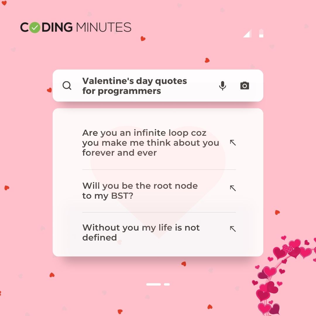 MinutesCoding's tweet image. What pick-up line will you use? Tell us in the comments! ❤️💯

#CodingMinutes #Valentines #ValentinesDay #Programmers #Programming #Coding