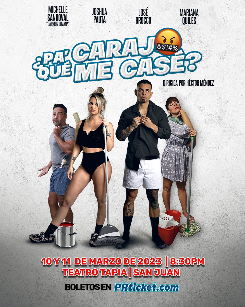 saludycultura's tweet photo. Juntos en escena #JoshuaPauta y su pareja #CarmenLuvana En #producciónteatral “¿Pa’ qué caraj@%&amp; me casé?” Todo lo que ocurre en la vida en pareja queda retratado en la obra cómica, de #HéctorMéndez, 10 -11 marzo,Teatro Tapia,Viejo San Juan, el 25 marzo, Teatro Yagüez en Mayagüez https://t.co/jOJ0nF7U9T