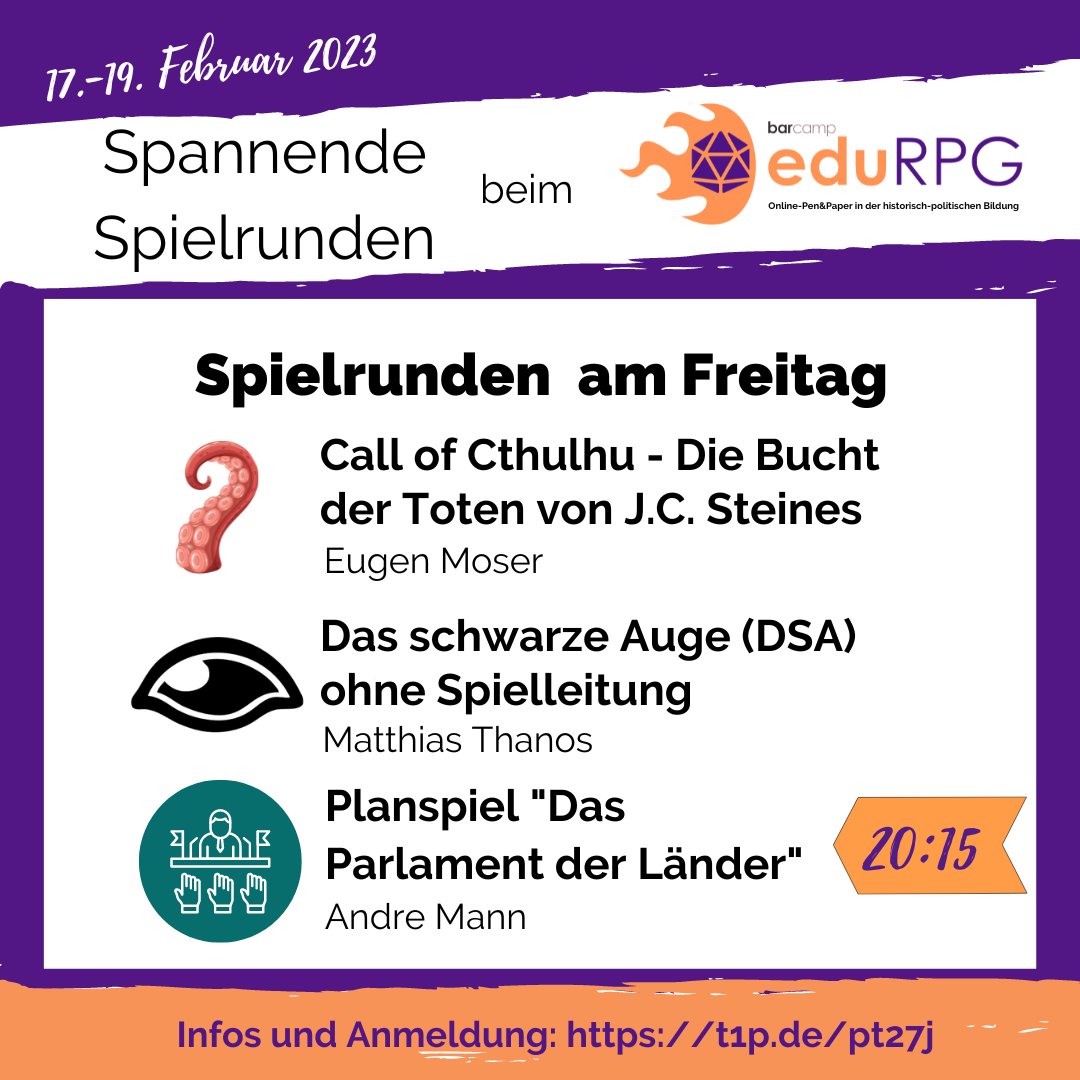 Neben spannenden Sessions werdet ihr im #Barcamp Abendprogramm wieder Gelegenheit haben selbst Rollenspiele auszuprobieren und anzubieten. Noch sind einige  Plätze  frei, tragt euch schnell ein!  #https://t1p.de/tgmh1 #edurpg #pnpde  #spitzestifte #dsa #cthulhu #polbil