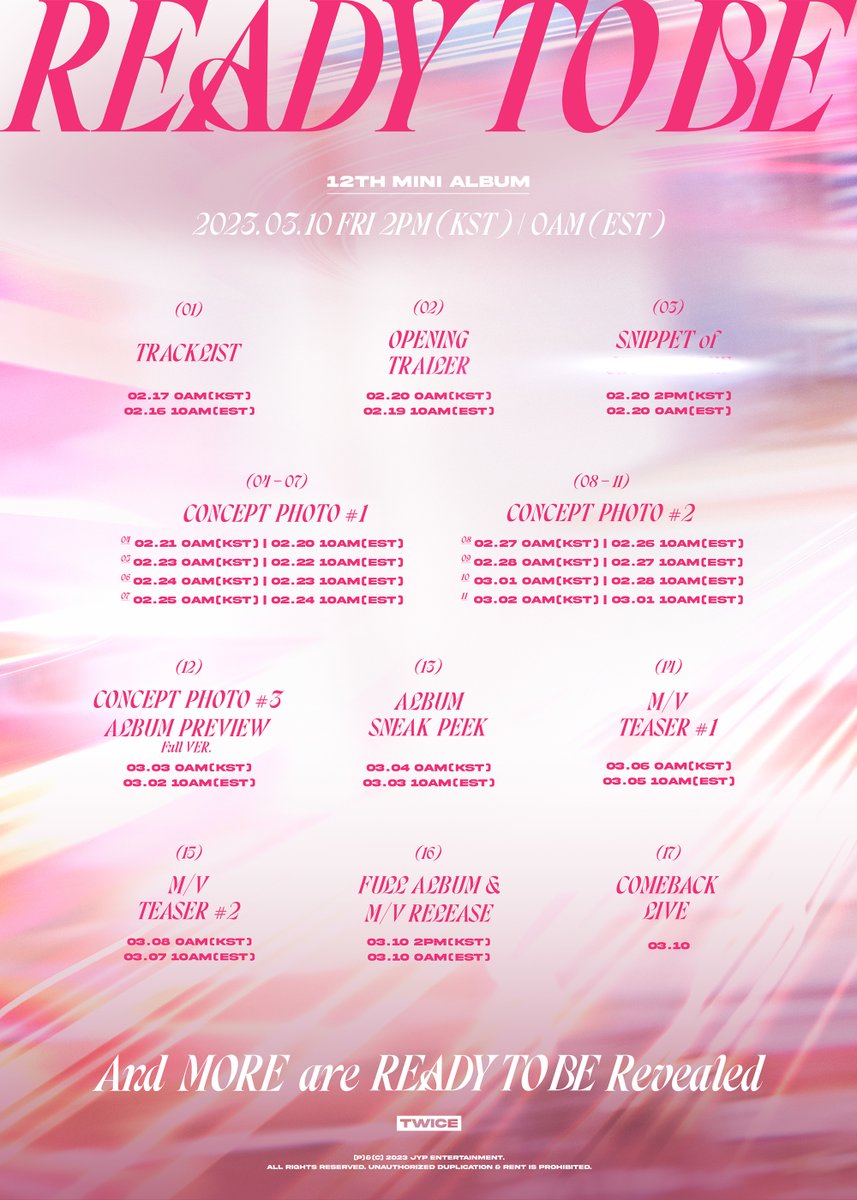 TWICE 12TH MINI ALBUM
"READY TO BE"

Timetable

Release on
2023.03.10 FRI 2PM KST/0AM EST

📌"READY TO BE" Pre-save &amp; Pre-order
TWICE.lnk.to/READYTOBE

#TWICE #트와이스 #READYTOBE