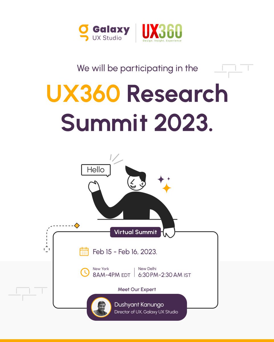 GalaxyUx's tweet photo. We are incredibly thrilled to participate in the UX360 Research Summit 2023!🙌

At the virtual summit, our expert Dushyant Kanungo will present his ideas on UX designs and strategies👨‍💼

See you there!👋

#ux #uxsummit #uxresearch #design #virtualevent #virtualsummit #uxstrategy https://t.co/RH3OBr98EO