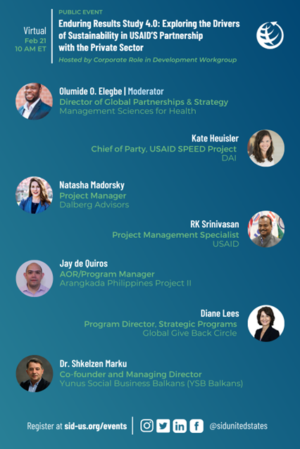MSHHealthImpact's tweet photo. Join @USAID &amp; @SID_INT on Feb. 21 at 10 AM ET for a discussion of USAID’s Enduring Results 4.0 Study. Find out what factors drive sustainability and scale results within public-private sector partnerships: https://t.co/Yyfv52pf6L #USAIDPartners https://t.co/Z6OLuSHxN8
