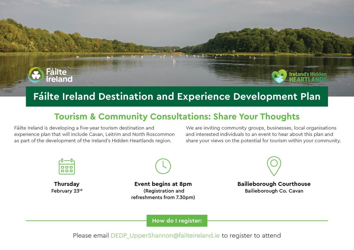 Fáilte Ireland will host a public consultation evening for the Destination &amp; Experience Development Plan (DEDP) for the Upper Shannon, Shannon Erne and Border area on Thursday, 23rd February at 8pm in Bailieborough Courthouse. 

1/2
