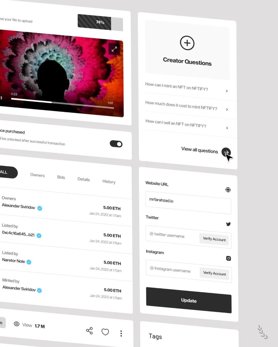 muscreativeshq's tweet photo. NFT Website Components Design Inspiration

Designer: Mohammad Reza Farahzad 
@mrfarahzad 

#ui #ux #webdesign #design #tech #designandtech #MusCreatives https://t.co/U5JuuHuZuP