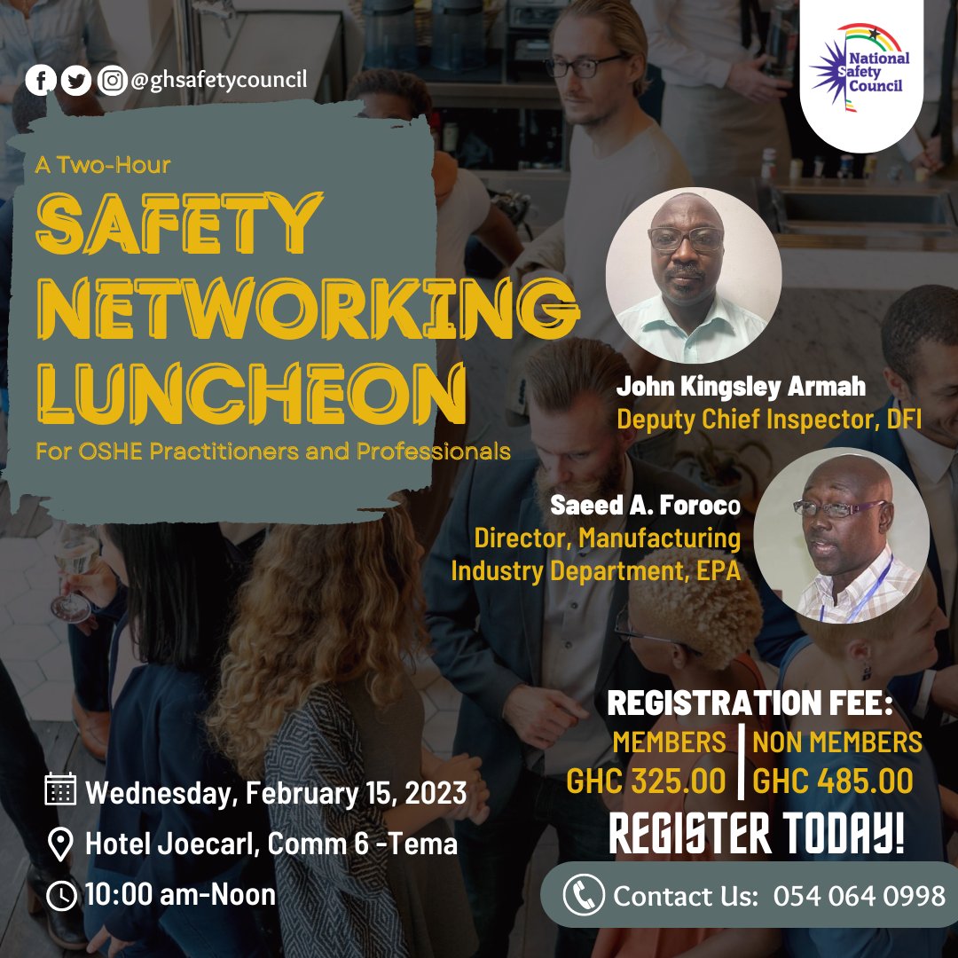 ghsafetycouncil's tweet photo. See you tomorrow as we engage industry regulators on the best ways to manage safety at the workplace. 

Call 0540640998 and reserve your seat today!
#NSCGH #HealthandSafety #OSHEGhana #GHSafetyCouncil #SafetyandHealthatWork #SafetyandHealthatWorkplace https://t.co/xllLe4gH5O