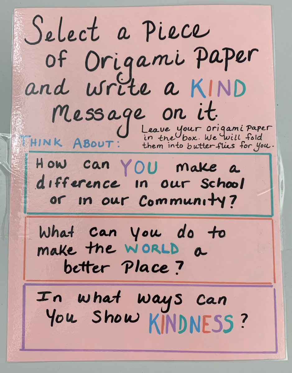 Origami Kindness Activity!  The amazing <a href="/ashley_kendrek/">Ashley Kendrek</a> &amp; the community canvas class will take the notes of kindness &amp; create origami butterflies to be installed in the media center.  ##ButterflyEffect #Kindness #SpreadLoveNotHate