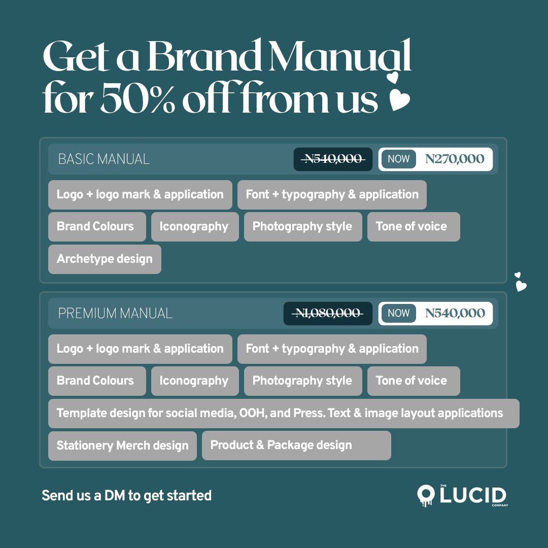 TheLucidCompany's tweet photo. Make your audience fall in love with your brand this Valentine. Get a brand manual from us at half the price. 😘😌

Send a DM to get started.

Discount runs from now until the end of the month.

Happy Valentine’s Day. ❤️ https://t.co/ReQtB7bsRo