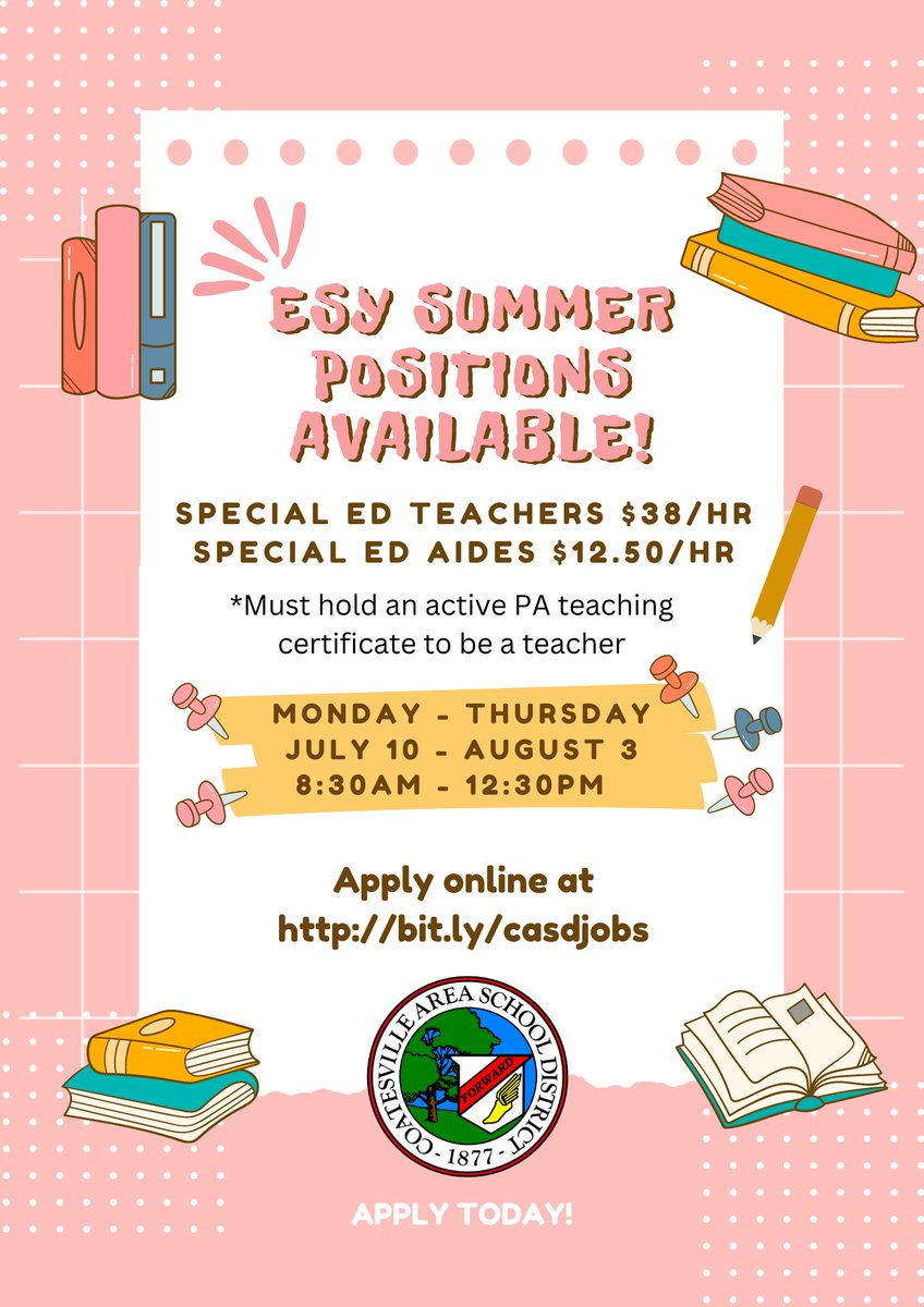 CoatesvilleASD's tweet photo. There are still ESY Summer positions available! Apply at https://t.co/hZNvmE2dYj today! https://t.co/3YtykIY95T