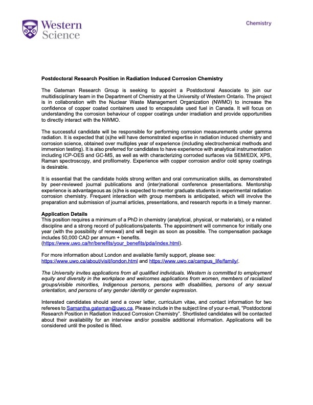 Postdoctoral position available! We are looking for a radiation chemistry expert to join our growing group and work on an exciting interdisciplinary project with @NWMOCanada! Details about the position and how to apply are below: