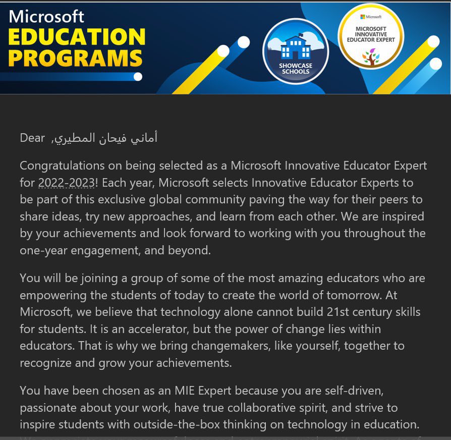 Amani_2058's tweet photo. اللهم لك الحمد تم ترشيحي
كخبير معلم مبتكر من Microsoft للفترة 2022-2023!
شكرا للداعم الأول
الاستاذة سناء البراك
والاستاذه حنان المحرق
@MicrosoftEDU
@hnanmoharaq
@MicrosoftLearn
@Microsoft
#Microsoftcreativeteam
#Master_Trainer #MIEExpert https://t.co/fvspSfhL6z