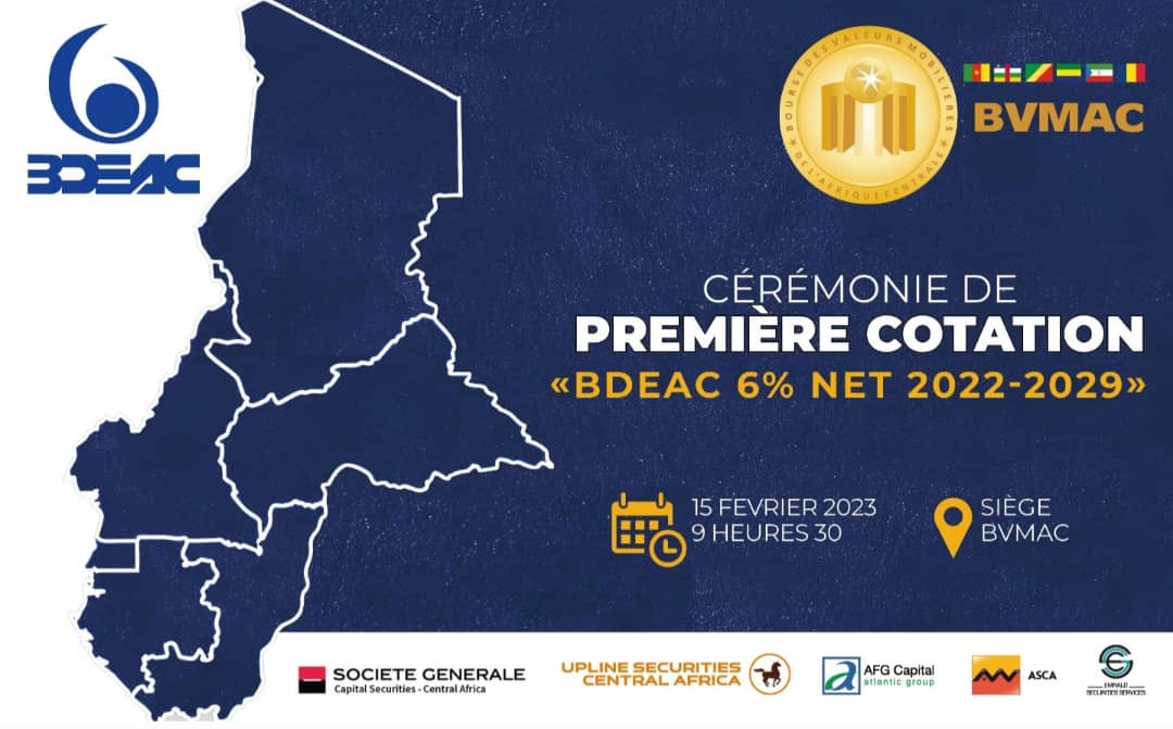 BdeacOfficielle's tweet photo. Cérémonie de première cotation « #BDEAC 6%NET 2022-2029 : l'évènement est prévu ce mercredi 15 février 2023 à Douala (Cameroun) au Siège de la Bourse des Valeurs Mobilières de l'Afrique Centrale (#BVMAC)👇
https://t.co/BVUgXVi36Z https://t.co/QwXbB5MUgB