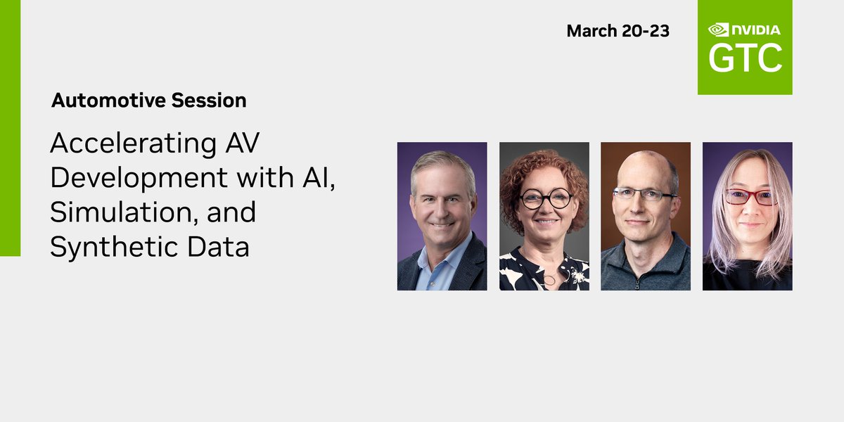 Executives from @Zenseact, @Nuro, <a href="/VinAI_Research/">VinAI</a>, and NVIDIA will discuss proven solutions to streamline #AV development and testing using #AI, simulation, and synthetic data #automotive #GTC23 nvda.ws/3xhZd3F
