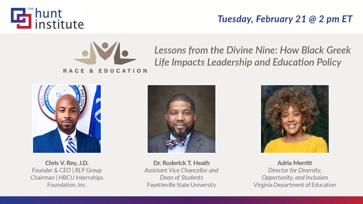 In honor of #BlackHistoryMonth, we are excited to host Chris V. Rey, <a href="/merritt_adria/">AdriaMerritt</a> and <a href="/HeathCeo/">Shay BcIocr Transaction Advisor</a> next week on 2/21 to discuss their experiences in Black Greek Life and how it has impacted their leadership roles in #Education! Register here: ow.ly/G84q50MJpqo