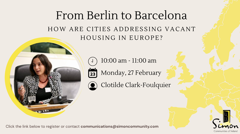 Join @SimonCommunity  for #SimonTalks on Feb 27th at 10am to discuss how European cities are addressing vacant housing ❗️

The guest speaker @ClotildeClark1, project manager at @FEANTSA, will lead the conversation

Register now at bit.ly/3IoZB6w

 #Europe #homelessness