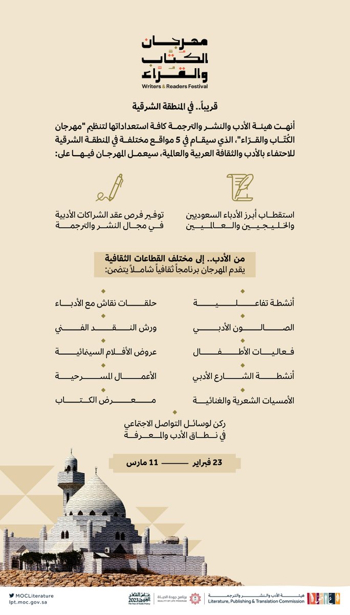 LPTC_MOC's tweet photo. #مهرجان_الكتّاب_والقرّاء 
حيث تشرق شمس المعرفة على العالم🌍
احتفاءً بالكاتب والقارئ كقيمتين لا غنى عنهما في النتاج الحضاري والإنساني أجمع.

#برنامج_جودة_الحياة
#هيئة_الأدب_والنشر_والترجمة https://t.co/7WZF0AuGA1