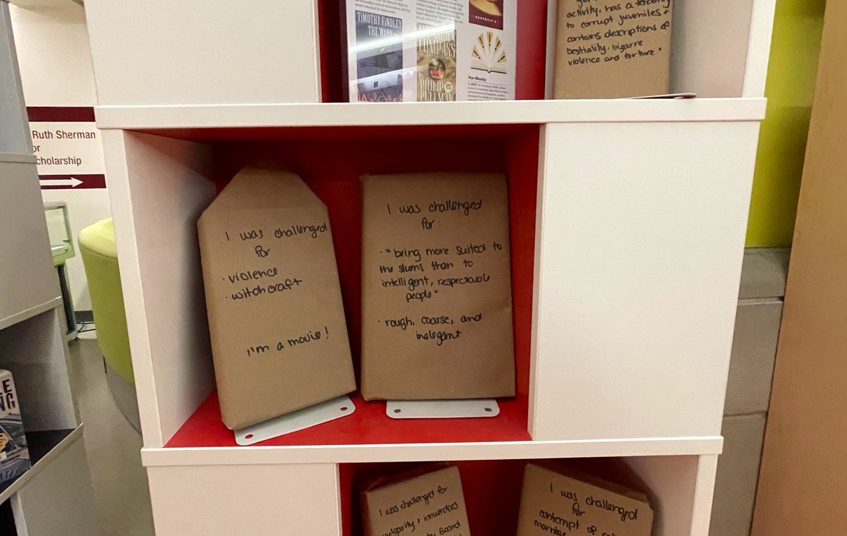 maclibraries's tweet photo. Don’t have plans tonight? Go on a mystery date with a book!

The theme is challenged and banned publications. Pick your book from the display on the first floor of Mills Memorial Library. https://t.co/DLUuOR0pFG