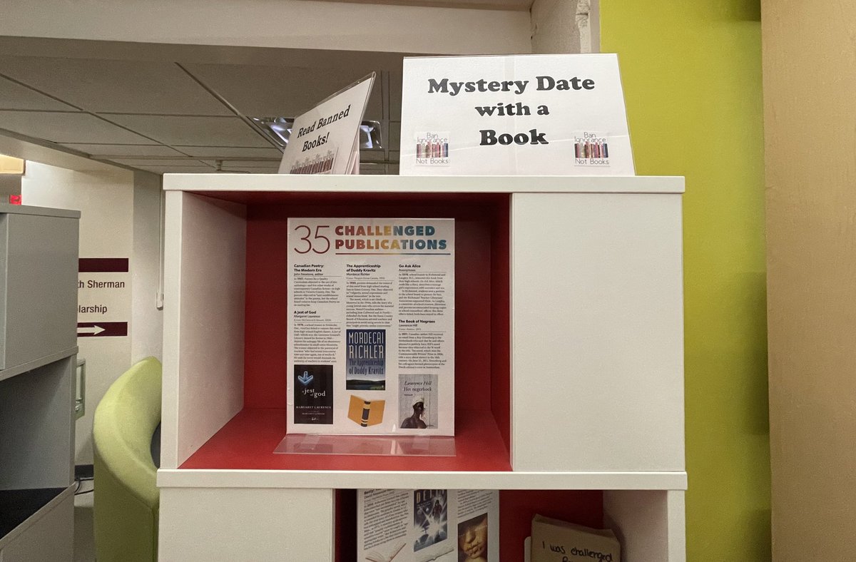 maclibraries's tweet photo. Don’t have plans tonight? Go on a mystery date with a book!

The theme is challenged and banned publications. Pick your book from the display on the first floor of Mills Memorial Library. https://t.co/DLUuOR0pFG