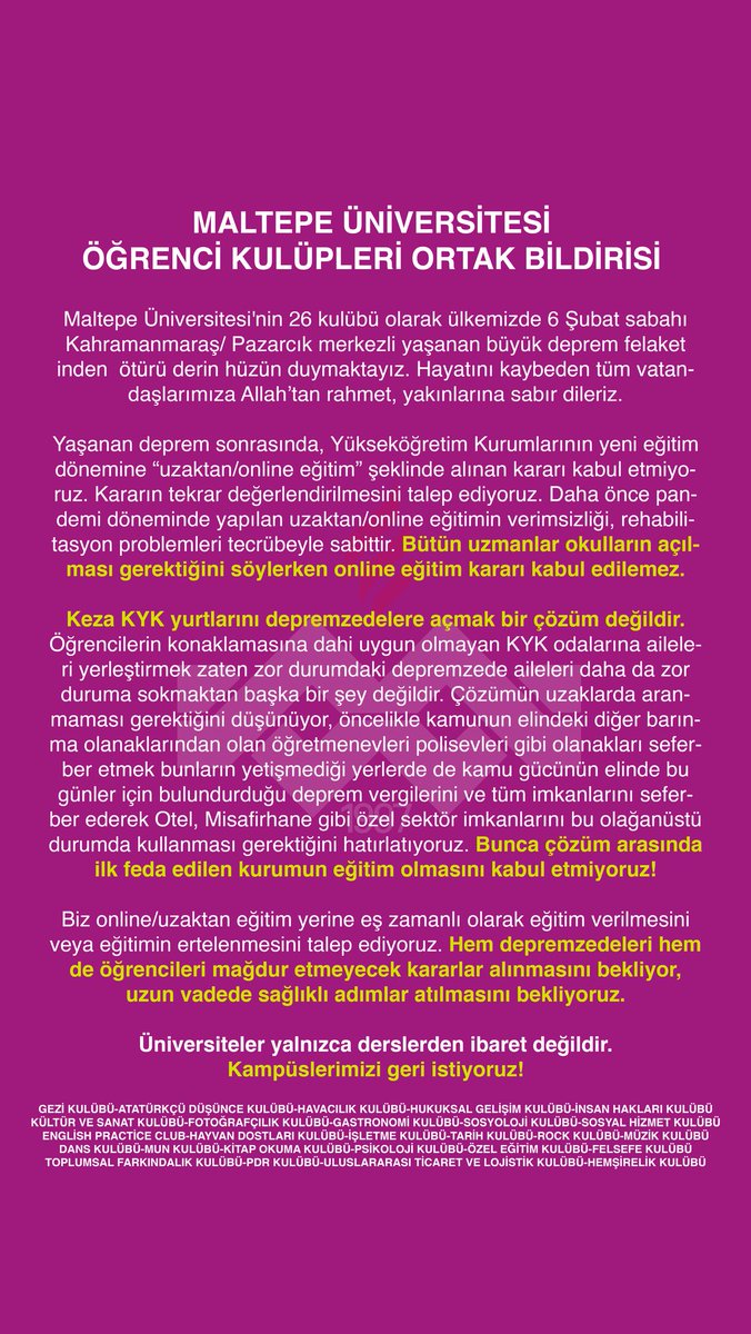 Maltepe Üniversitesi Öğrenci Kulüpleri Ortak Bildirimiz

İsteyen öğrencinin online isteyen öğrencinin yüz yüze derslere katıldığı hibrit model başta olmak üzere çeşitli çözüm önerilerinin masaya yatırılmasını öneriyoruz.

<a href="/edibesozen/">Edibe Sözen</a> 
<a href="/MaltepeEduTr/">Maltepe Üniversitesi</a>