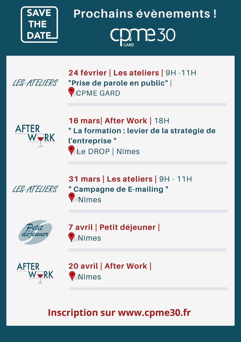 cpme30's tweet image. [Save the date 📆 ]

🖇️ Voici l'agenda de la @cpme30 !

Inscription 👉 cpme30.fr/evenement/

@sabrina_igel

#CPME #gard #TPE #PME #chefdentreprise #défendre #représenter #accompagner #évènement