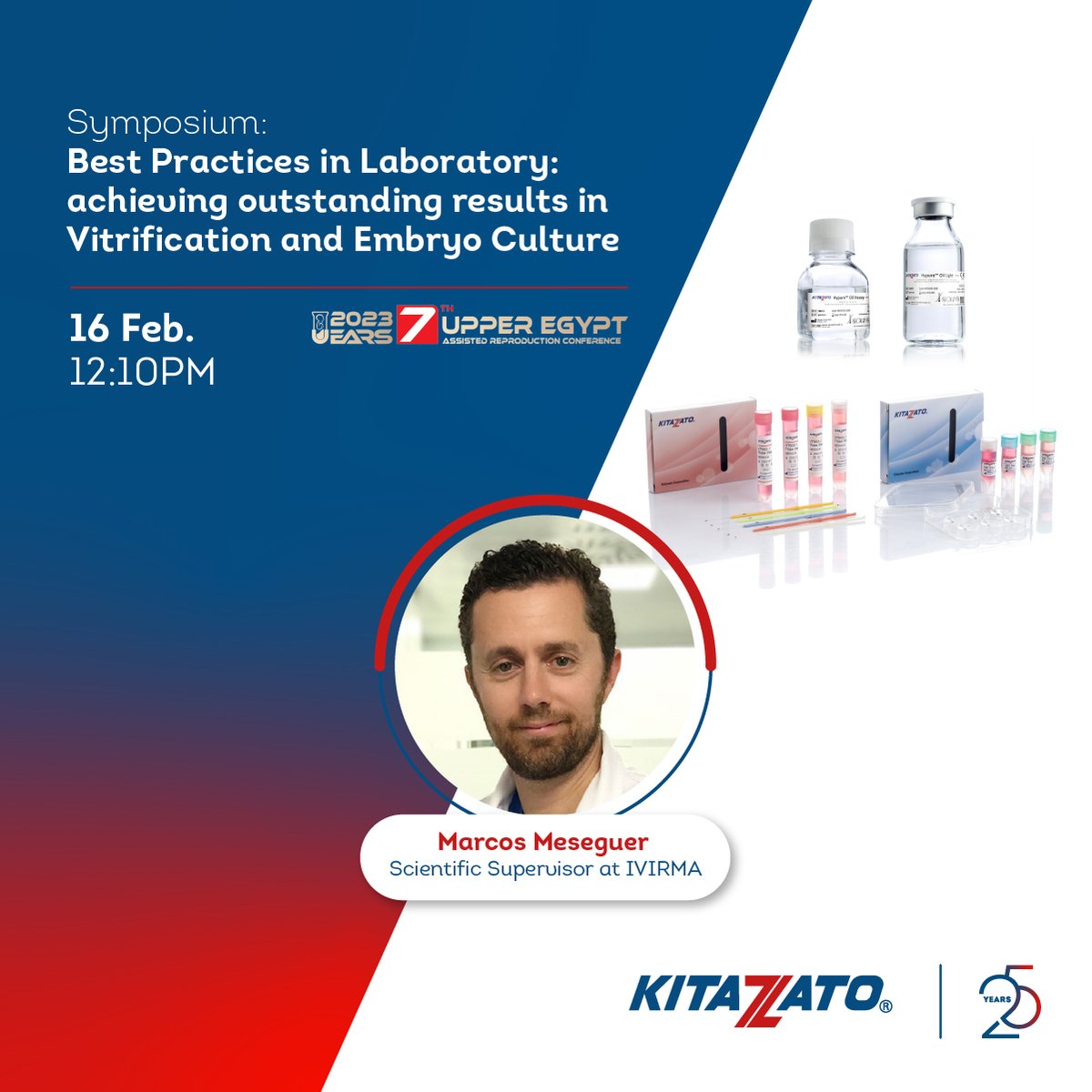 KitazatoIVF's tweet photo. Are you attending #UEARS2023? Donโt miss our symposium with Marcos Meseguer, Scientific Supervisor at IVIRMA! He will address the keys to a successful #cryopreservation and #embryoculture.
๐
Thursday 16 Feb. at 12:10PM ๐๐ผ
#TheCryotopMethod #HypureOil https://t.co/X6KqzmaDDh