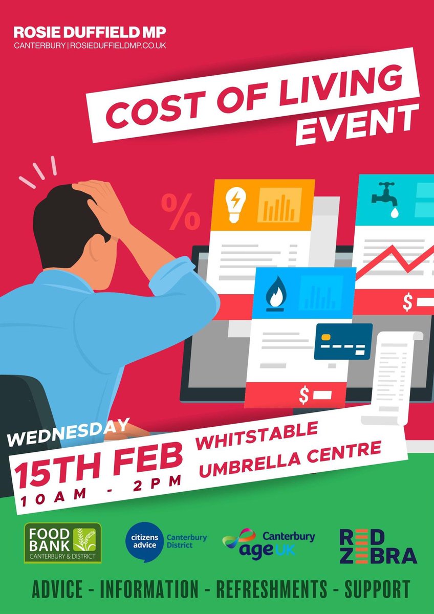 Happening tomorrow 👇👇👇<a href="/RosieDuffield1/">Rosie Duffield MP</a> has organised this event <a href="/umbrellacentre/">Whitstable Umbrella Community Centre</a>. #Whitstable #CostOfLivingCrises