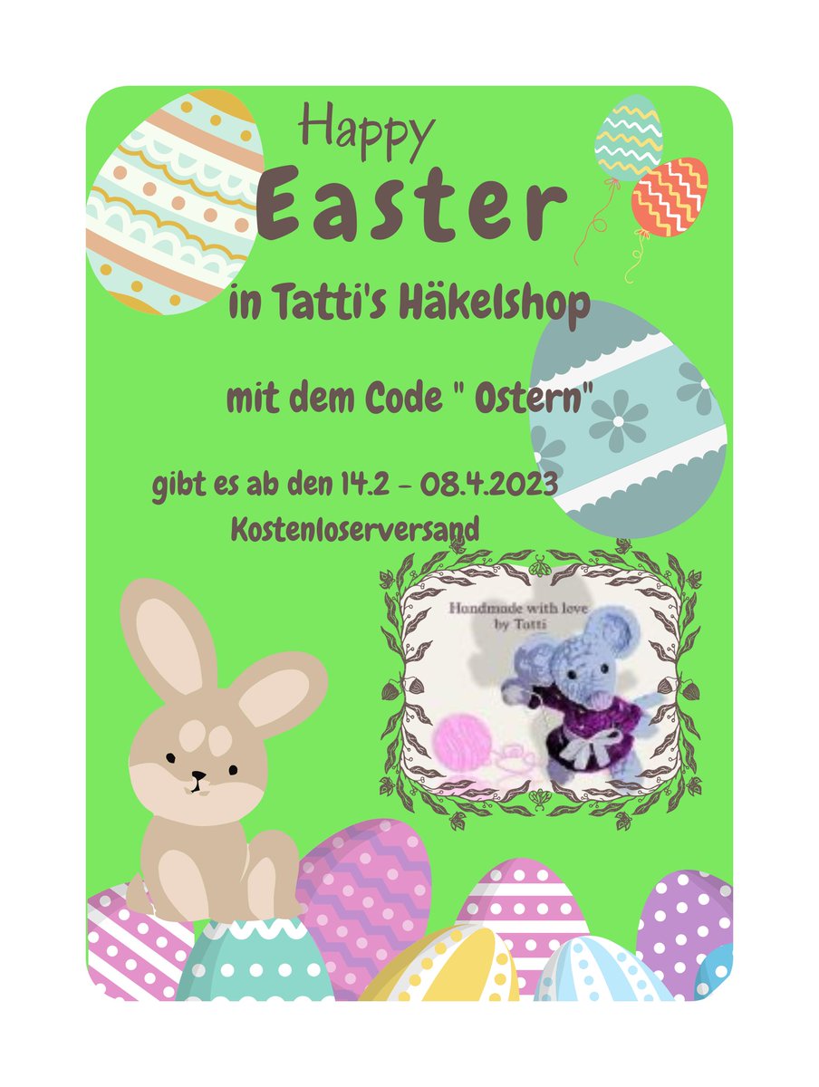 Ab heute bis einschließlich 08.04.2023 gibt es einen Osterrabatt mit diesem Code "Ostern" bekommt ihr ab einer Bestellung von 20€ kostenlosen Versand 🐰❤️ im meinem Shop auf der Homepage tattis-haekelshop.de  
#crochet #crochetforkids #crochetforeaster #ostern #ostergeschenke