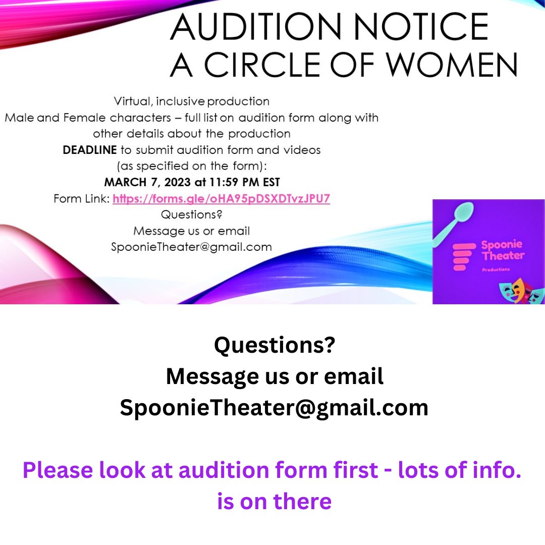 annabush's tweet photo. Auditions are now open for A Circle of Women, a 7 episode virtual show.  Please fill out the form and submit the videos and headshot as required. Details about rehearsals and other things are on the form.  https://t.co/wBV2QujAE0 https://t.co/xQqUcXUb7B