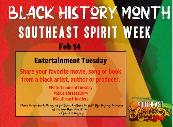 SoutheastIHX's tweet photo. Second day of Spirit Week is in full swing! โฅ๏ธ๐๐ Whatโs your favorite movie, song or book from a black artist, author or producer? ๐ฅโ๏ธ๐ถ Tag us and share what your favorites are! #EntertainmentTuesday #SECelebratesBHM #SoutheastHustlers https://t.co/RC23UnTqGP