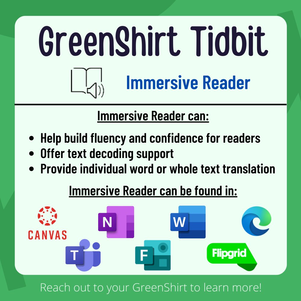 OsceolaMITD's tweet photo. ATTN 
@OsceolaTeachers use Immersive Reader in your next digital assignment to give students more accessibility. Many of our Microsoft Apps have it readily available in their software now.  #educoach #edtech #microsoftedu #immersivereader #greenshirts https://t.co/lbhOSv7rcL