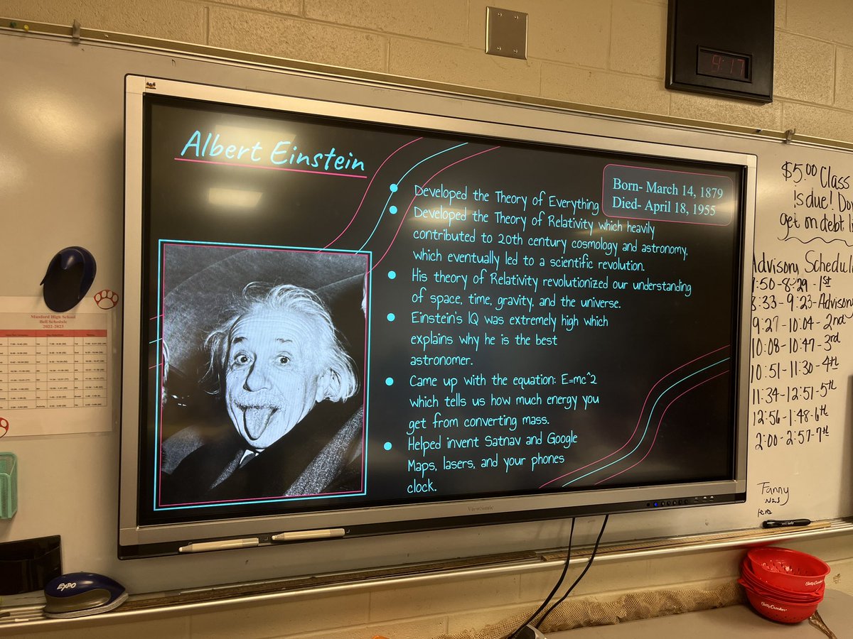 BethBowersMHS's tweet photo. The winner of the Most Influential Astronomer (as voted on by the earth and space science classes @MunfordHigh) is…Albert Einstein as presented by Jon Jon Ponder enjoy those Tagalongs #forewardever https://t.co/lX1gqtqvwR