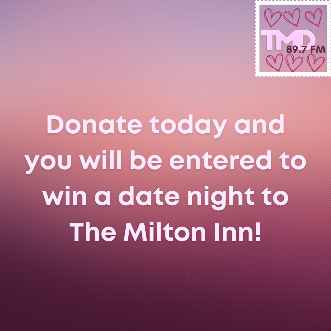 WTMD, 89.7 FM (@wtmd) on Twitter photo Donate today at wtmd.org/donate and you will be entered to win a gift card to <a href="/TheMiltonInn/">The Milton Inn</a> ! Happy Valentine's Day! Thank you for making the music happen 😊 Donate today at wtmd.org/donate and you will be entered to win a gift card to <a href="/TheMiltonInn/">The Milton Inn</a> ! Happy Valentine's Day! Thank you for making the music happen 😊