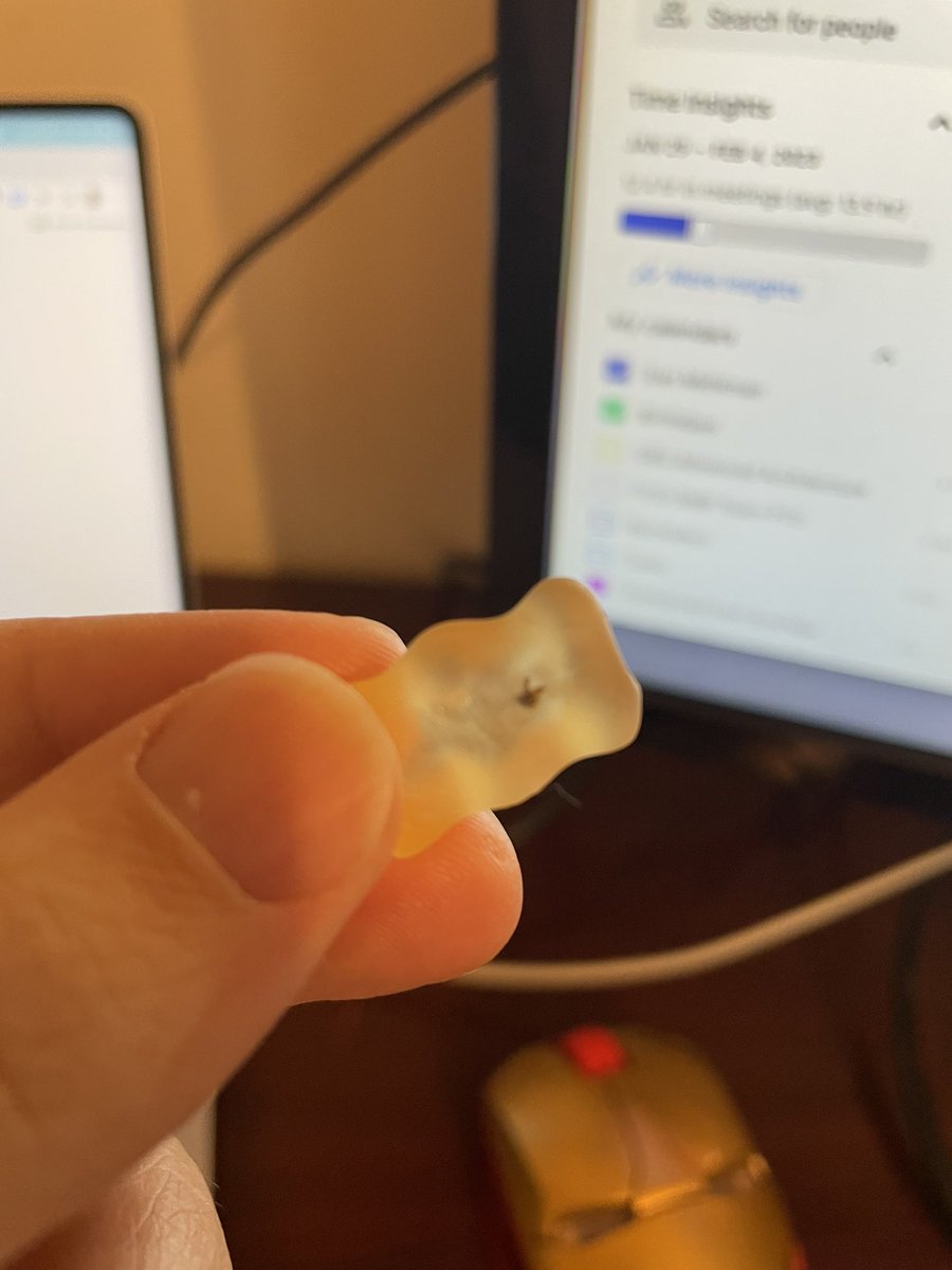 DanMehlman's tweet photo. Is that a flea in my gummi bear?  Will I create a discount Jurassic Park? https://t.co/xdnHePM0uz