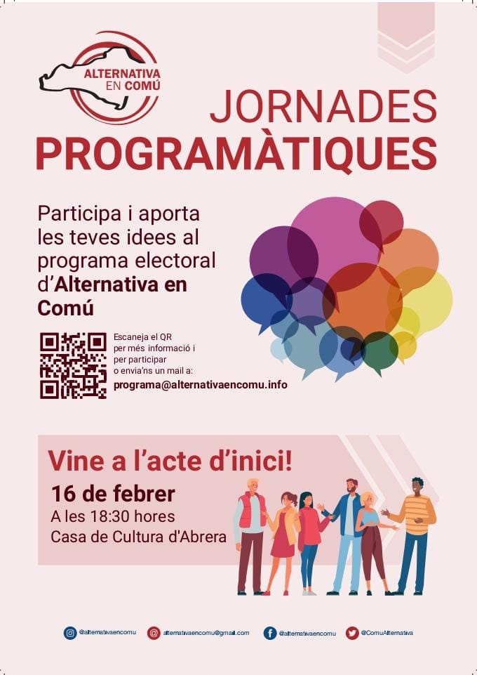 abreraencomu's tweet photo. @goyathlay44 Bon dia, el programa 2023-2027 per a les eleccions municipals del maig, ho començarem a elaborar de manera participativa aquest dijous en el marc de @ComuAlternativa, la confluència entre Abrera en Comú i @AdA_Abrera. També s'obriran canals de participació online. https://t.co/AkOj2s7BzJ