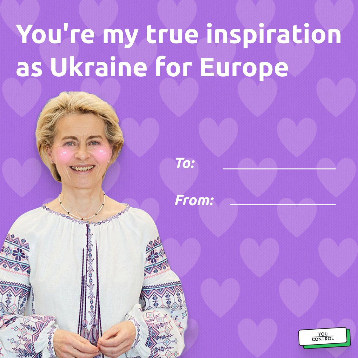 ItsYouControl's tweet photo. Ukraine + EU = โค๏ธ
@vonderleyen #LoveIsYouControl #Ukraine #ValentinesDay2023 #ValentinesDay #SupportUkraine https://t.co/DaRJ5y8SP0