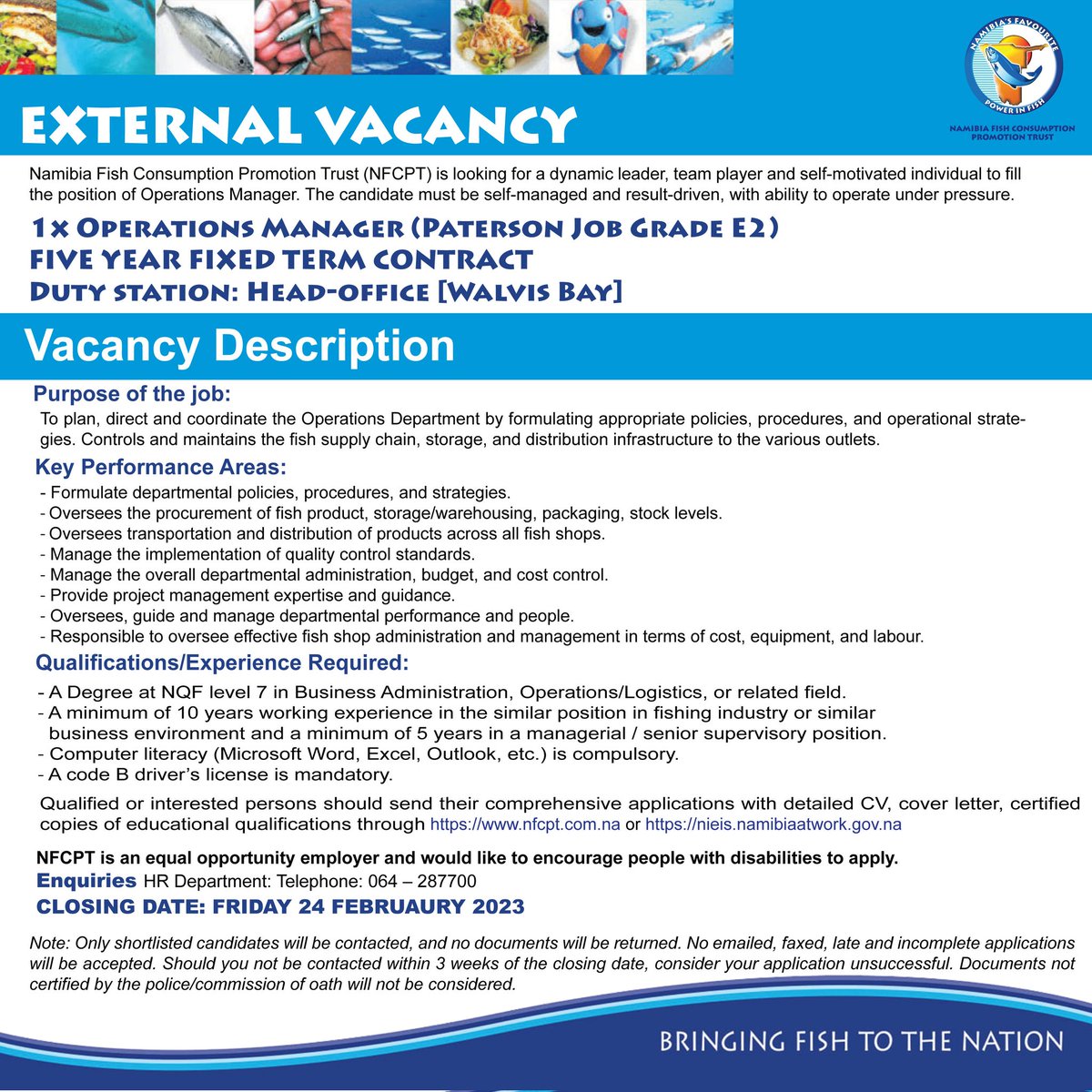 We are hiring
Follow the link for a detailed job description nfcpt.com.na/careers/105/