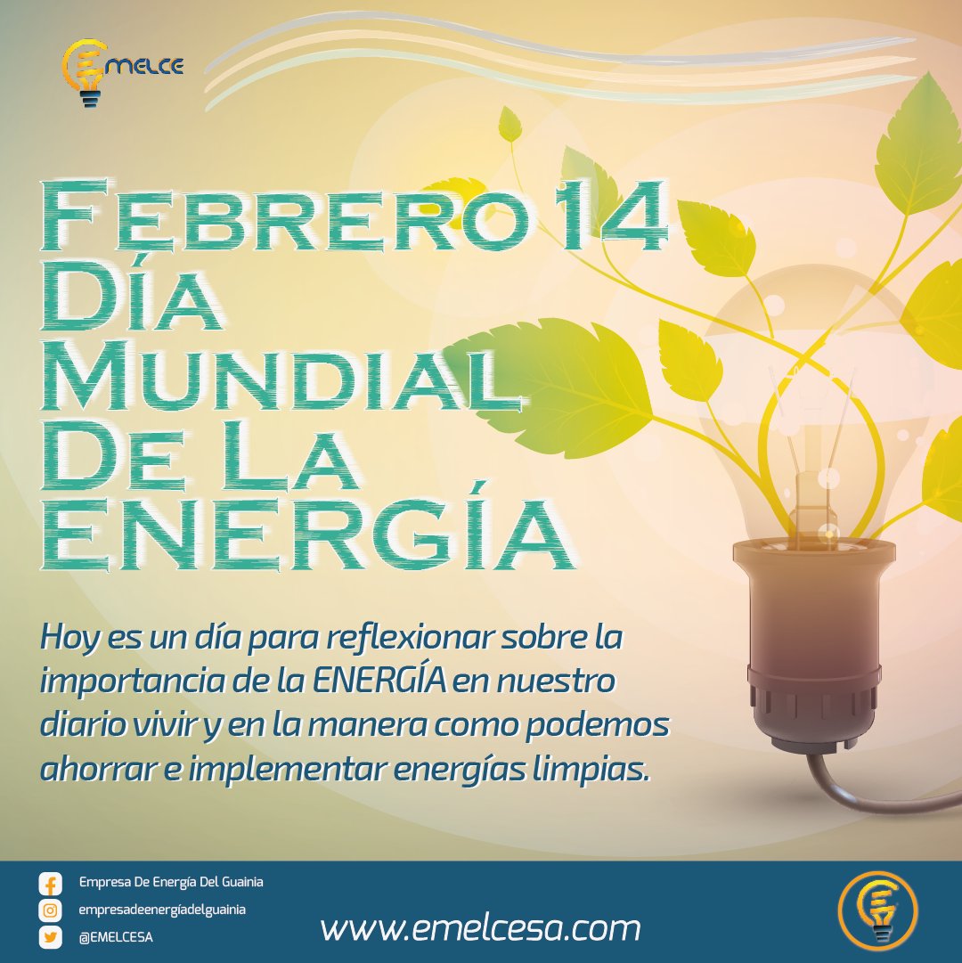 EMELCESA's tweet photo. Hoy día #DíaMundialDeLaEnergía, para reflexionar sobre la importancia de la #Energía en nuestro día a día, cómo también darle un uso racional y sostenible.
#EmelceSA
#NuncaParamos https://t.co/VCLtkn4M5Z
