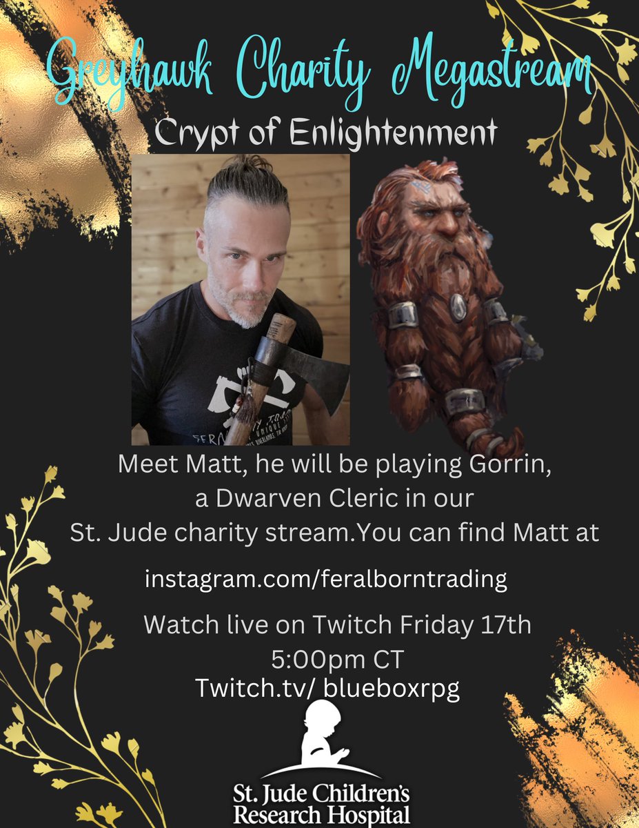 Today, we shout out Matt of <a href="/FeralbornC/">Feralborn Trading Co</a> who will be playing Dwarven Cleric Gorrin in our charity stream Friday night. He’s a great rp’er, DM &amp; content creator. This character-driven story will be one you won’t want to miss… proceeds to <a href="/StJudePLAYLIVE/">St. Jude PLAY LIVE</a> see you @ 5CT. #charity