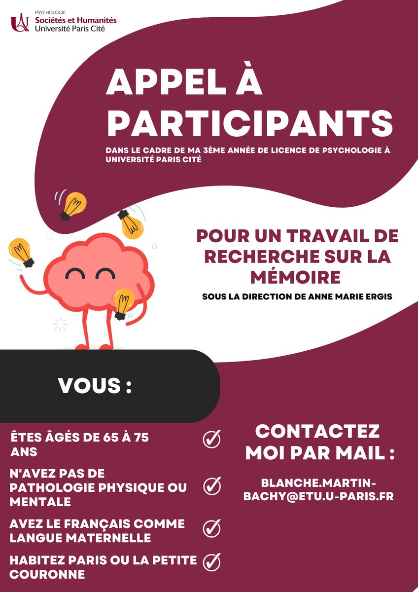 blanche_mb's tweet photo. Dans le cadre de ma 3ème année de licence de psychologie, je suis à la recherche de participants pour une expérience! Si vous êtes intéressé.e.s ou avez des personnes autour de vous pouvant être intéressé.e.s, n'hésitez pas à me contacter et à diffuser ce flyer :) https://t.co/TboHTPzLQm
