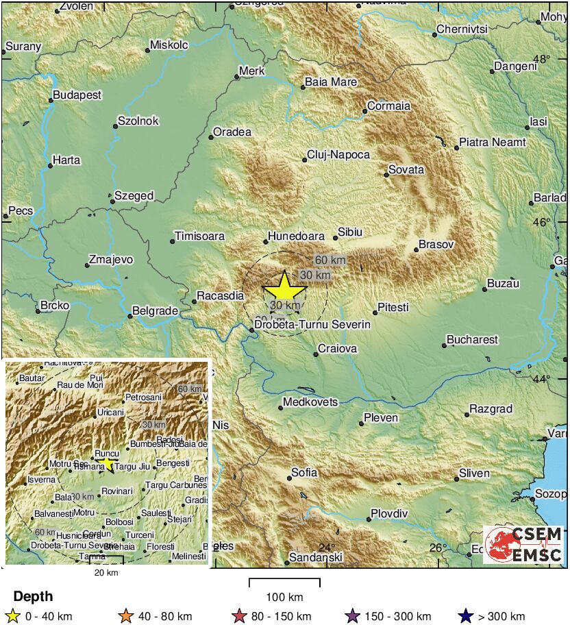 #Terremoto de M 5.5 en #Rumania,muy superficial y ampliamente sentido.Le han sucedido varias replicas. Uno más dentro de una serie sísmica que comenzó ayer. Al parecer no hay víctimas,solo el lógico pánico con personas en la calle. Algunos daños materiales.