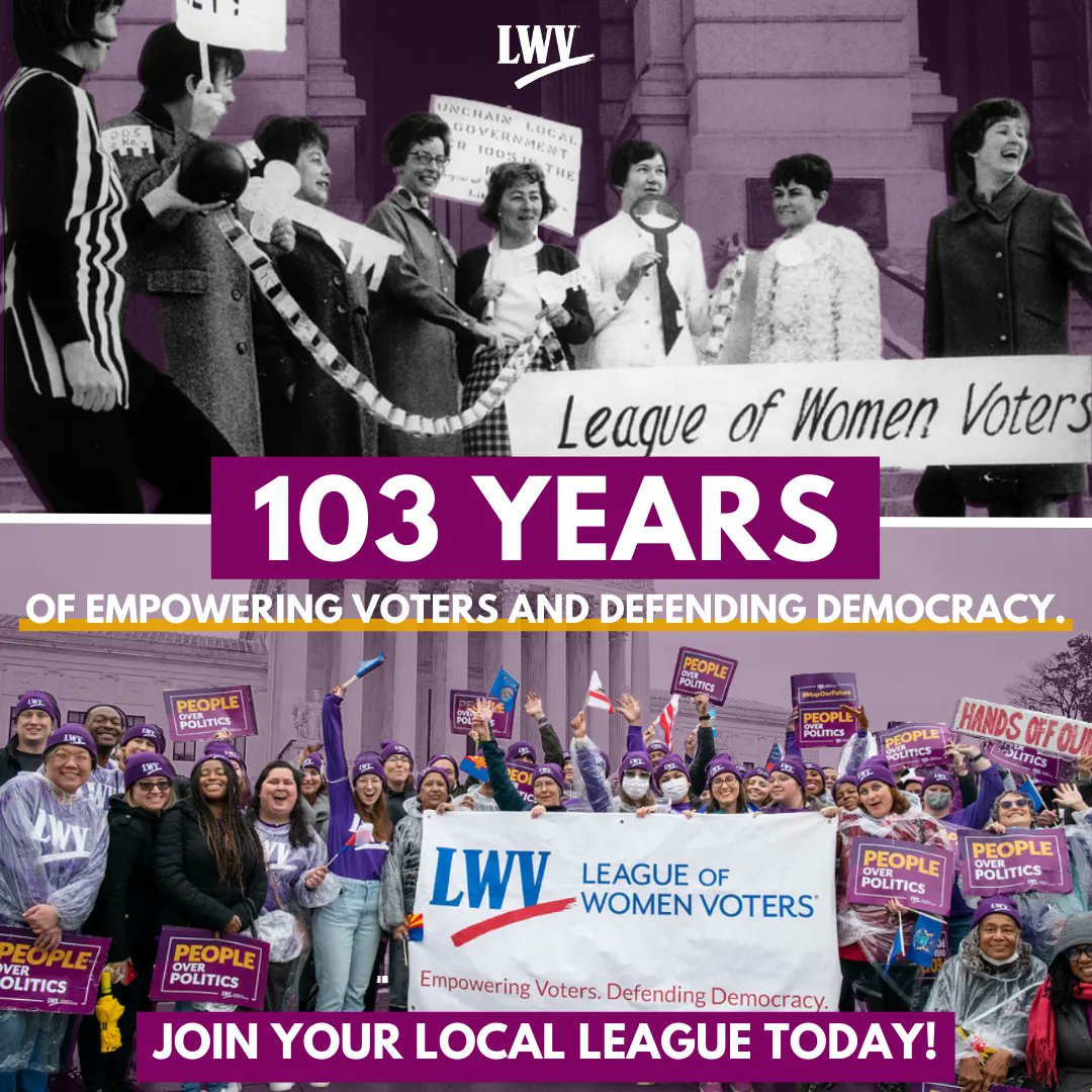 103 years later, the League is still empowering voters and defending democracy. 

We are 750+ Leagues across the country STRONG. 
Get involved in your community and join your local League TODAY 👉🏼 bit.ly/3YLWhb6