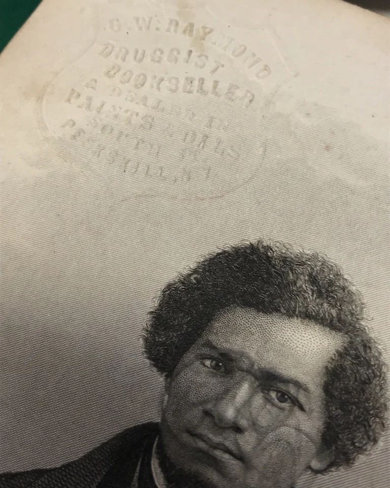 jordan_library's tweet image. This copy of Frederick Douglass&apos; My Bondage and My Freedom (Orton &amp;amp; Mulligan, 1855) features a blind stamp on the #frontispiece of long ago #bookseller, G.W. Raymond Druggist Bookseller &amp;amp; Dealer in Paints &amp;amp; Oils, South St. Peekskill NY. This copy also fe… instagr.am/p/CopWC6MuJsj/
