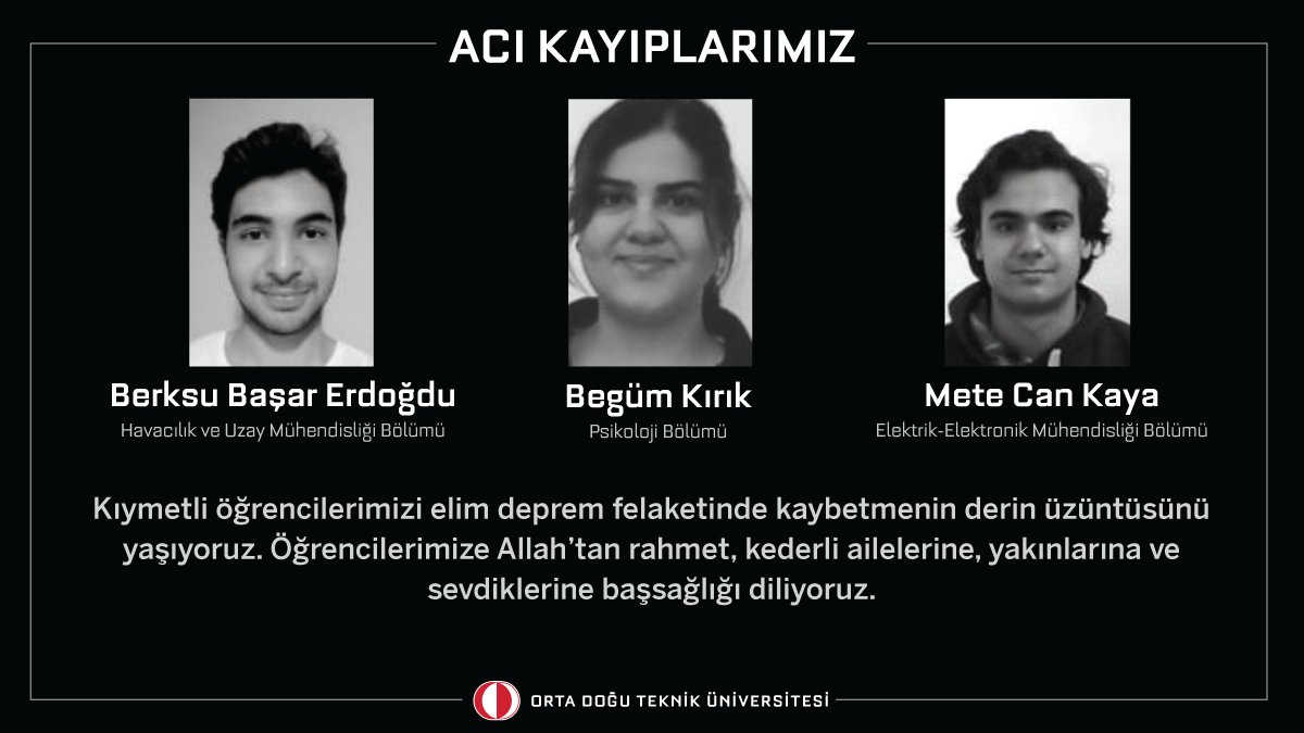 Elim deprem felaketinde kıymetli öğrencilerimiz Berksu Başar Erdoğdu, Begüm Kırık ve Mete Can Kaya'yı kaybetmenin derin üzüntüsünü yaşıyoruz. Vefat eden öğrencilerimize Allah'tan rahmet, kederli ailelerine, yakınlarına ve sevdiklerine başsağlığı dileriz.