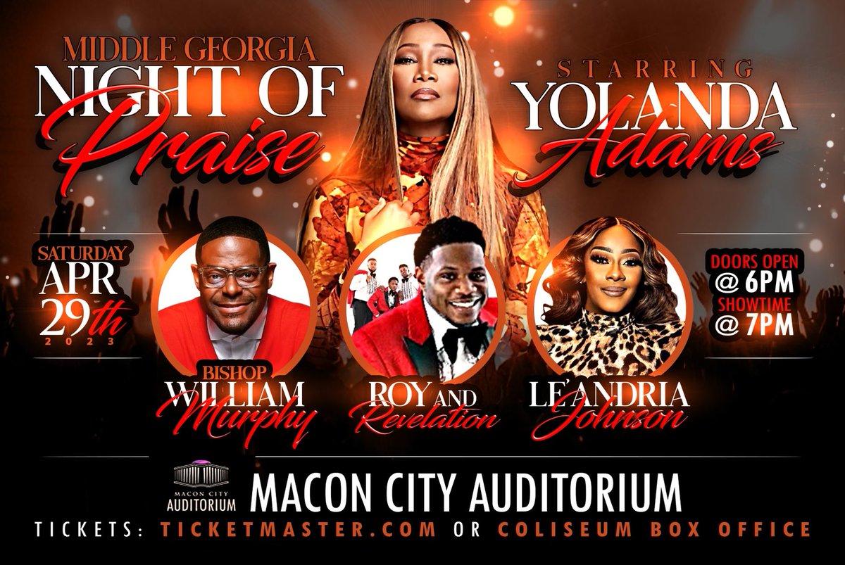 LaShelle715's tweet photo. Middle Georgia of Praise • Macon Ga. April 29, 2023 starring @YolandaAdams @pastormurph @Roy_andRevs @LeAndriaJ  #RoyandRevelation #YolandaAdams #WilliamMurphy #LeAndriaJohnson https://t.co/1w5dOGYsEy