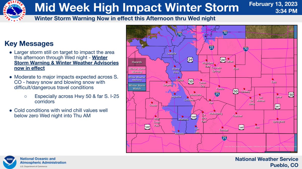NWSPueblo's tweet photo. Mid week storm with heavy snow and blowing snow still on track to impact much of southern Colorado today through Wednesday night. A Winter Storm Warning is now in effect for most of southern Colorado. #cowx https://t.co/T213UhR4Dg