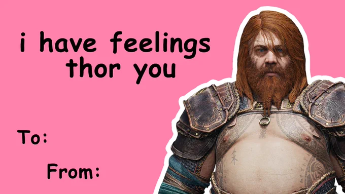 A soft pink Valentine's Card with a picture of Thor and a message that says "I have feelings thor you".