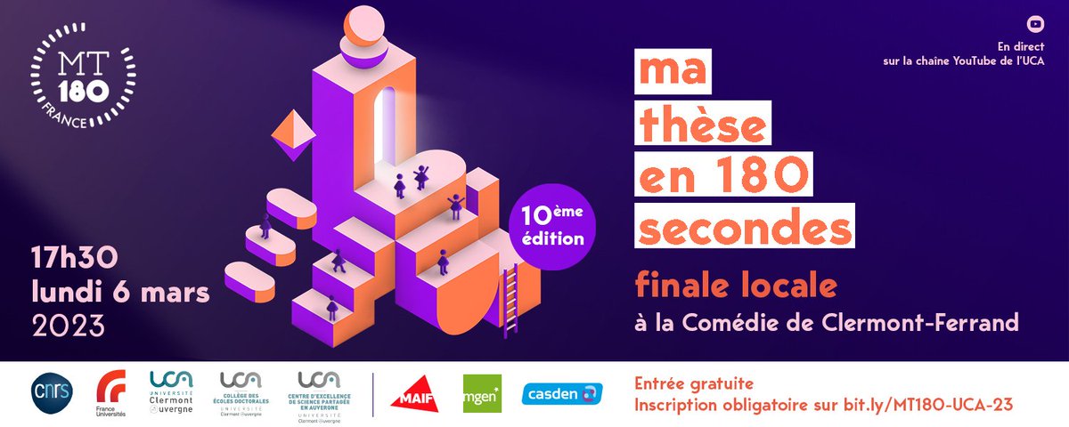UCA_Recherche's tweet photo. ⏱️3 minutes chrono❗️C'est le temps que nos 10 candidat.e.s auront pour relever le défi de présenter leur thèse❗️
➡️RDV le 06/03 dès 17h30 à la Comédie de Clermont-Fd.
Vous souhaitez venir les soutenir? Inscrivez-vous ici👉https://t.co/RDwowW3d1l
+ d'infos👉https://t.co/t8FVYFVPVF https://t.co/udS99y0Vwy