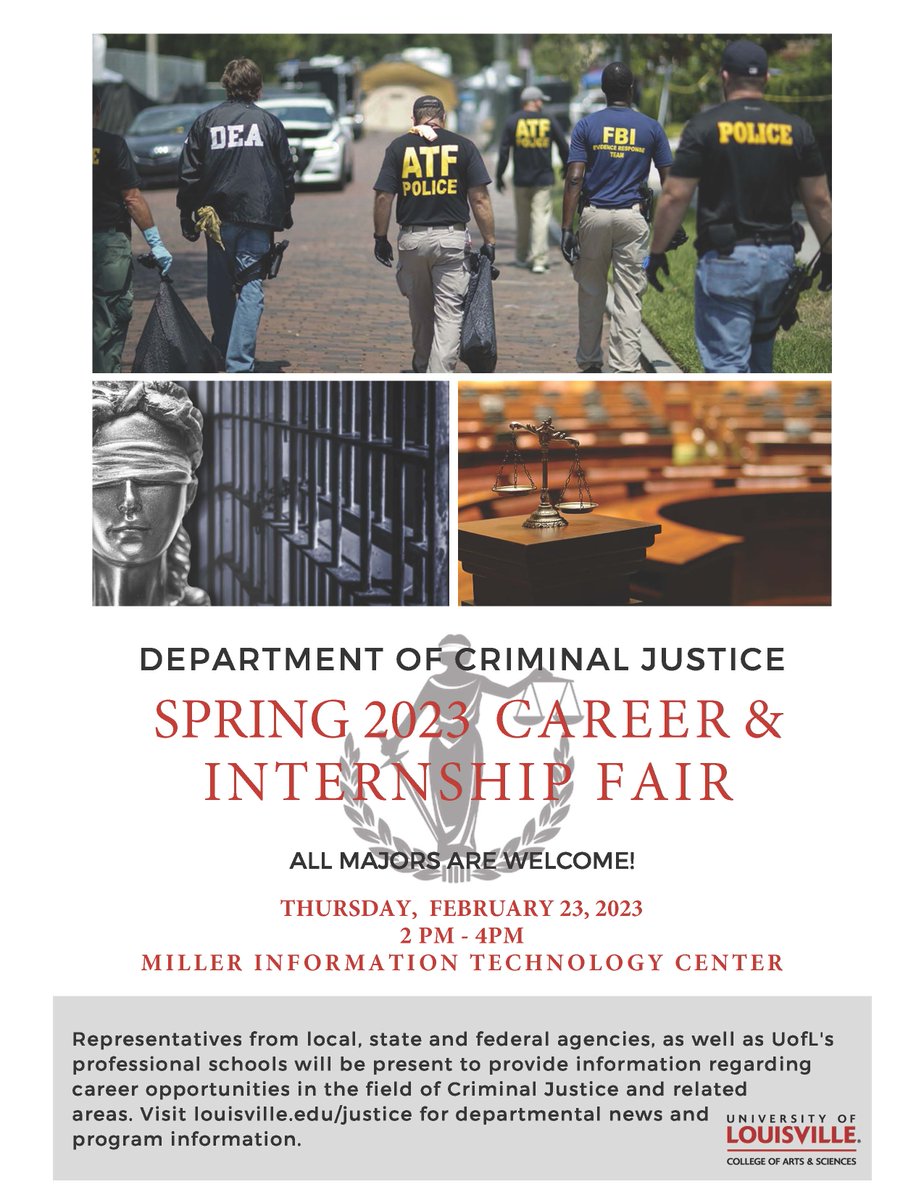 JusticeUofL's tweet photo. We're back in person for our annual Criminal Justice Career &amp; Internship Fair! It will be held on Thursday, February 23rd, 2-4pm in Bigelow Hall located in the Miller Information Technology  Center (MITC). https://t.co/Q4yvoDf1Dv