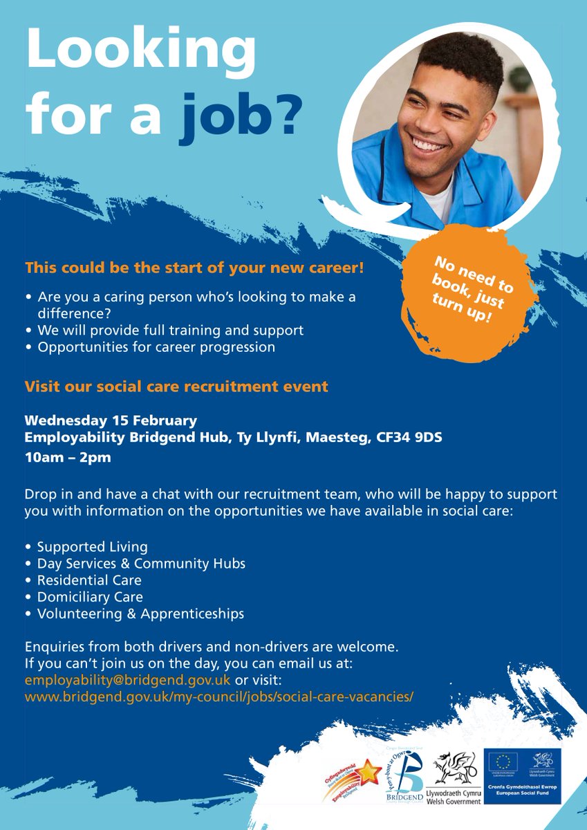 Are you a caring person who’s looking to make a difference?
 
Drop in and have a chat with our social care team at the @EmployaBridgend social care jobs open day 👇
 
📅Wednesday 15 February
📍 Employability Bridgend Hub, Maesteg, CF34 9DS
⏰ 10am – 2pm
