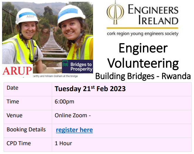 #Corks own Laoighse McCarthy will be presenting on her recent experience volunteering in Rwanda for the non-profit organisation, <a href="/B2P/">bridgestoprosperity</a> free webinar via Zoom starting at 6pm on Tuesday Feb 21st 2023  register using the link - engineersireland.ie/Events/event/8…